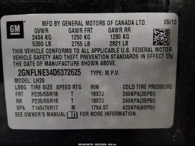 Продаж на аукціоні авто 2013 Chevrolet Equinox 2lt, vin: 2GNFLNE34D6372625, номер лоту: 46156735