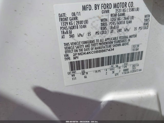 Продажа на аукционе авто 2011 Ford Edge Limited, vin: 2FMDK4KC0BBB67434, номер лота: 46156754
