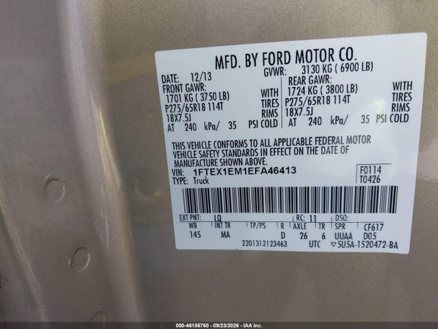 46156760 :رقم المزاد ، 1FTEX1EM1EFA46413 vin ، 2014 Ford F-150 Xlt مزاد بيع