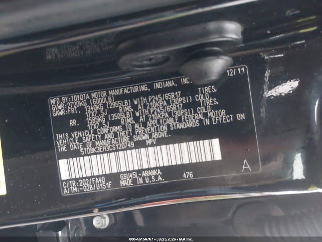Aukcja sprzedaży 2012 Toyota Highlander Base V6, vin: 5TDBK3EH3CS120749, numer aukcji: 46156767