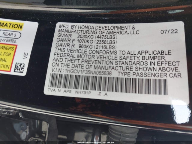 Продаж на аукціоні авто 2022 Honda Accord Sport, vin: 1HGCV1F35NA065838, номер лоту: 46156799
