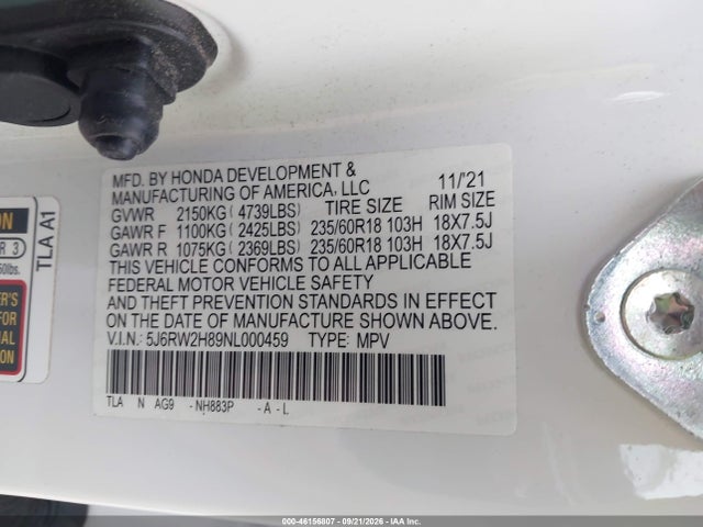 Aukcja sprzedaży 2022 Honda Cr-v Awd Ex-l, vin: 5J6RW2H89NL000459, numer aukcji: 46156807
