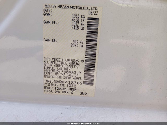 46156812 :رقم المزاد ، 1N4BL4DV6NN418365 vin ، 2022 Nissan Altima Sv Fwd مزاد بيع