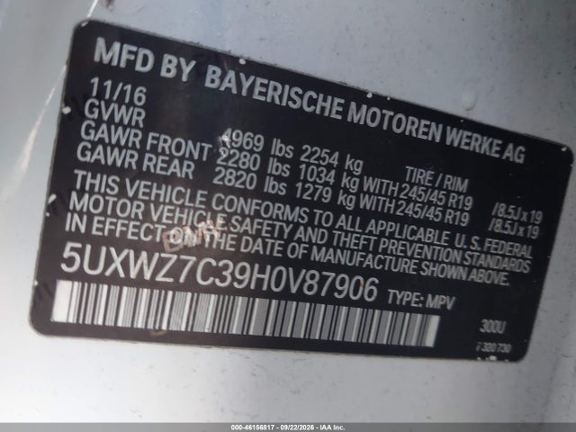 Aukcja sprzedaży 2017 Bmw X3 Sdrive28i, vin: 5UXWZ7C39H0V87906, numer aukcji: 46156817