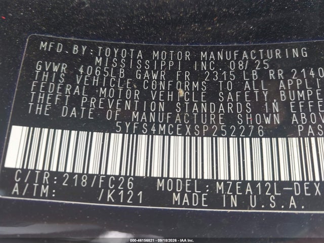 Aukcja sprzedaży 2025 Toyota Corolla Se, vin: 5YFS4MCEXSP252276, numer aukcji: 46156821