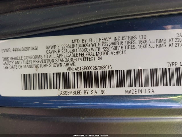 Продаж на аукціоні авто 2008 Subaru Outback, vin: 4S4BP60C287353016, номер лоту: 46156824