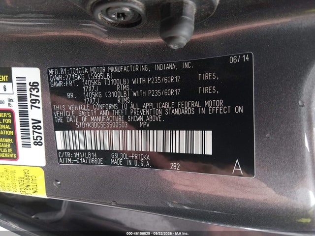 46156829 :رقم المزاد ، 5TDYK3DC5ES500503 vin ، 2014 Toyota Sienna Xle V6 8 Passenger مزاد بيع