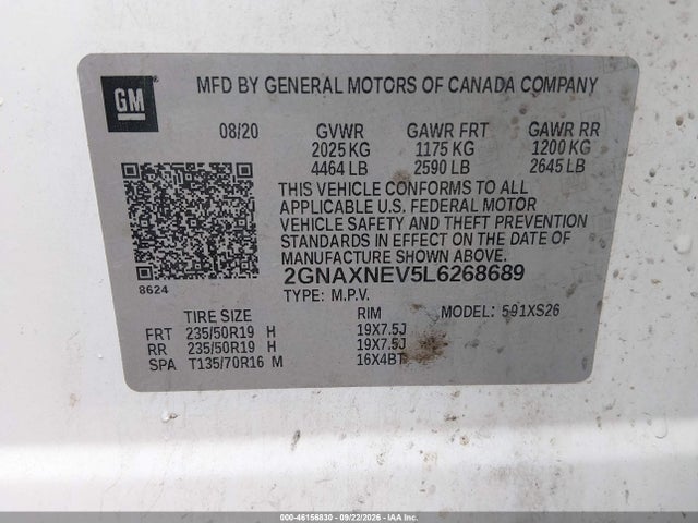 Продаж на аукціоні авто 2020 Chevrolet Equinox Fwd Premier 1.5l Turbo, vin: 2GNAXNEV5L6268689, номер лоту: 46156830