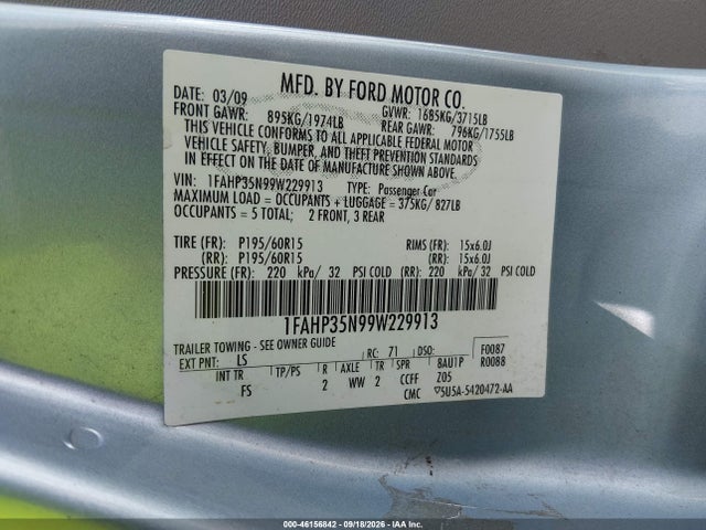 Aukcja sprzedaży 2009 Ford Focus Se, vin: 1FAHP35N99W229913, numer aukcji: 46156842