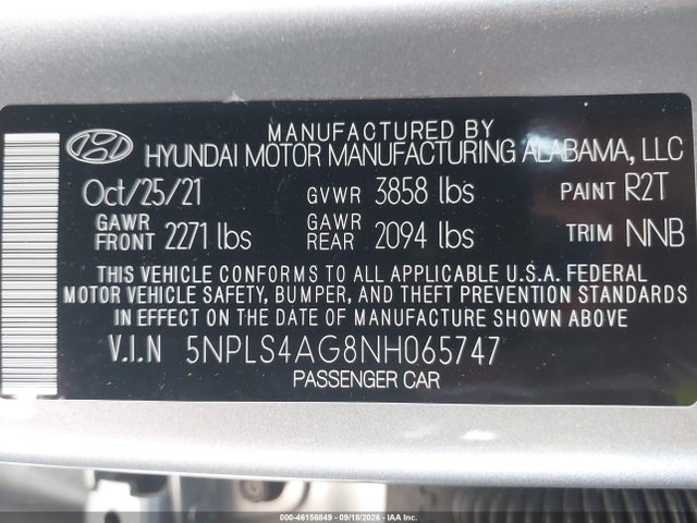 2022 Hyundai Elantra Sel მანქანა იყიდება აუქციონზე, vin: 5NPLS4AG8NH065747, აუქციონის ნომერი: 46156849