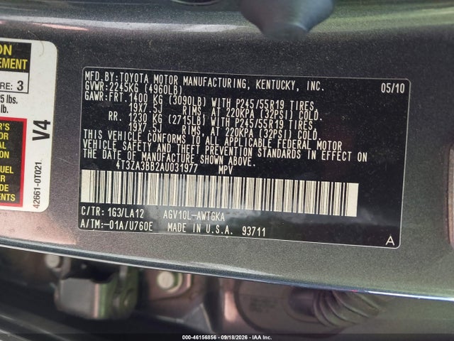 46156856 :رقم المزاد ، 4T3ZA3BB2AU031977 vin ، 2010 Toyota Venza مزاد بيع