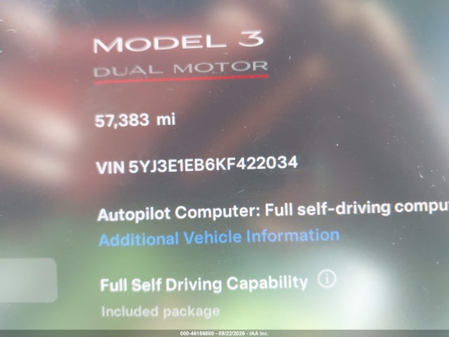 46156880 :رقم المزاد ، 5YJ3E1EB6KF422034 vin ، 2019 Tesla Model 3 Long Range/performance مزاد بيع