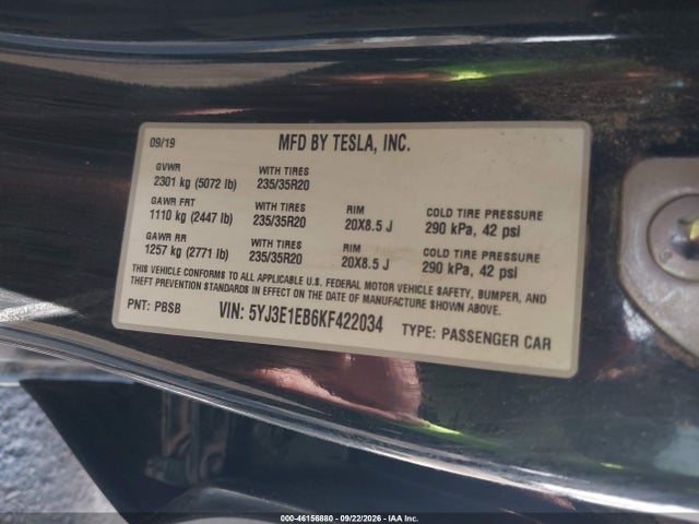 46156880 :رقم المزاد ، 5YJ3E1EB6KF422034 vin ، 2019 Tesla Model 3 Long Range/performance مزاد بيع