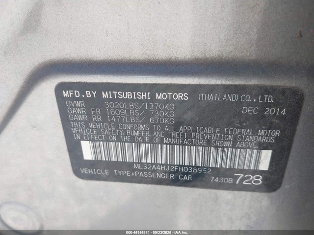 2015 Mitsubishi Mirage Es/rf მანქანა იყიდება აუქციონზე, vin: ML32A4HJ2FH038952, აუქციონის ნომერი: 46156881