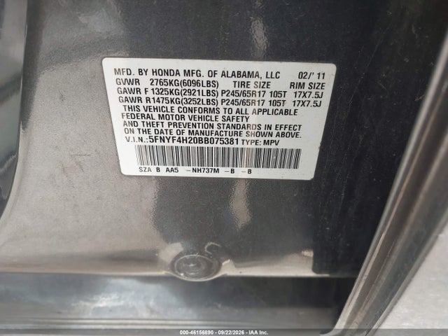 2011 Honda Pilot Lx მანქანა იყიდება აუქციონზე, vin: 5FNYF4H20BB075381, აუქციონის ნომერი: 46156890