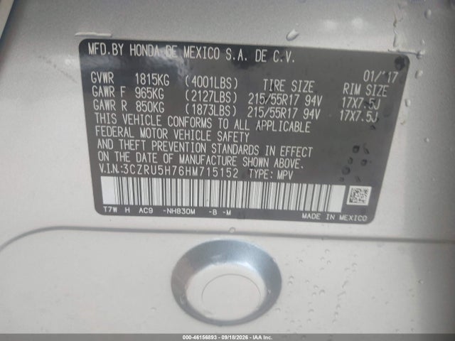 46156893 :رقم المزاد ، 3CZRU5H76HM715152 vin ، 2017 Honda Hr-v Ex-l مزاد بيع