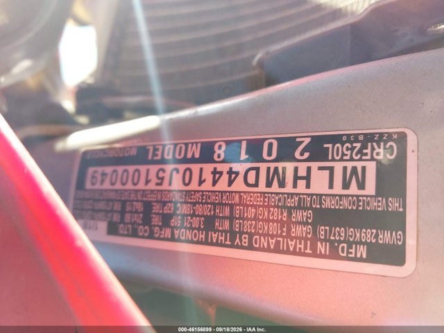 Aukcja sprzedaży 2018 Honda Crf250 L/rl, vin: MLHMD4410J5100049, numer aukcji: 46156899