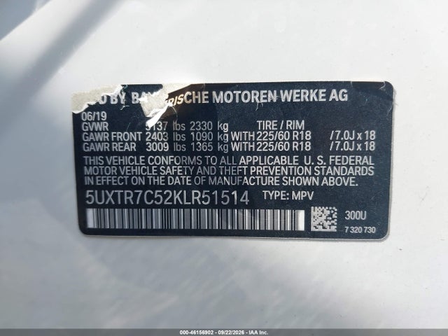 Aukcja sprzedaży 2019 Bmw X3 Sdrive30i, vin: 5UXTR7C52KLR51514, numer aukcji: 46156902