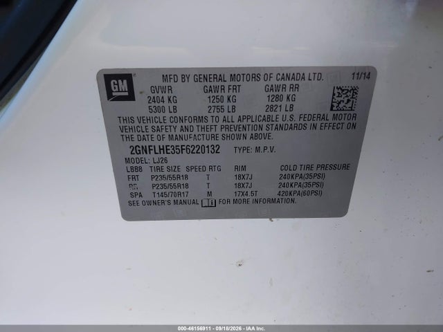 2015 Chevrolet Equinox Ltz მანქანა იყიდება აუქციონზე, vin: 2GNFLHE35F6220132, აუქციონის ნომერი: 46156911