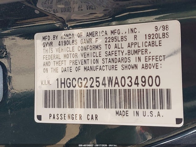 1998 Honda Accord Ex V6 მანქანა იყიდება აუქციონზე, vin: 1HGCG2254WA034900, აუქციონის ნომერი: 46156937