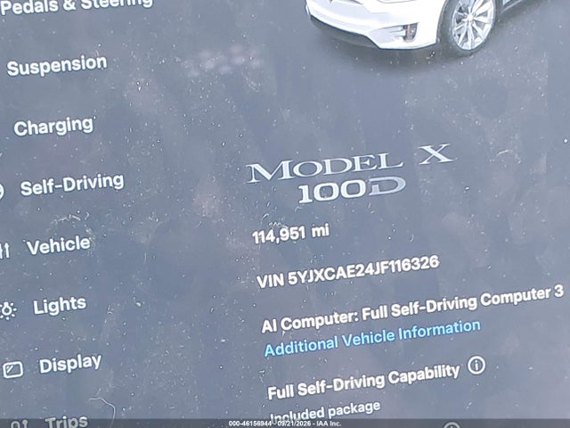 2018 Tesla Model X 100d/75d/p100d მანქანა იყიდება აუქციონზე, vin: 5YJXCAE24JF116326, აუქციონის ნომერი: 46156944