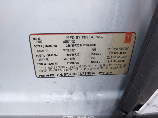 2018 Tesla Model X 100d/75d/p100d მანქანა იყიდება აუქციონზე, vin: 5YJXCAE24JF116326, აუქციონის ნომერი: 46156944