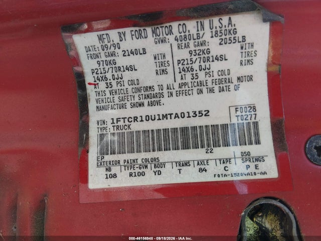 Продажа на аукционе авто 1991 Ford Ranger, vin: 1FTCR10U1MTA01352, номер лота: 46156948