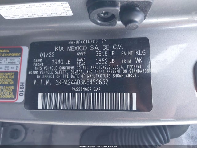 Aukcja sprzedaży 2022 Kia Rio S, vin: 3KPA24AD3NE450652, numer aukcji: 46156953
