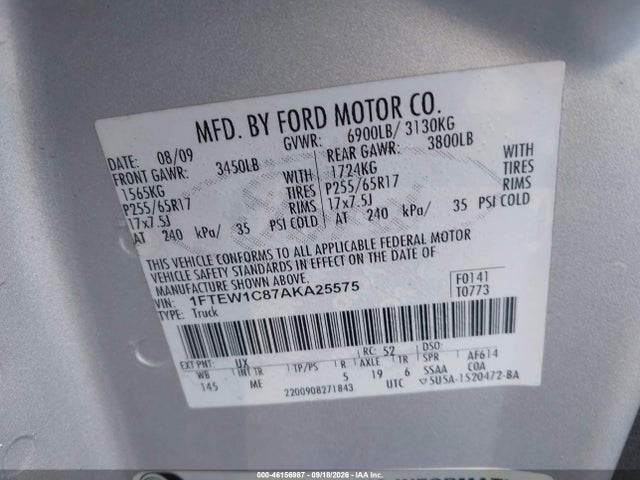 46156987 :رقم المزاد ، 1FTEW1C87AKA25575 vin ، 2010 Ford F-150 Fx2 Sport/xl/xlt مزاد بيع