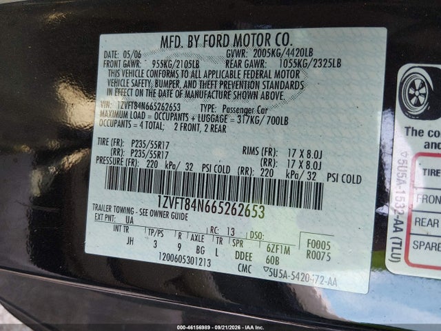 Aukcja sprzedaży 2006 Ford Mustang V6, vin: 1ZVFT84N665262653, numer aukcji: 46156989