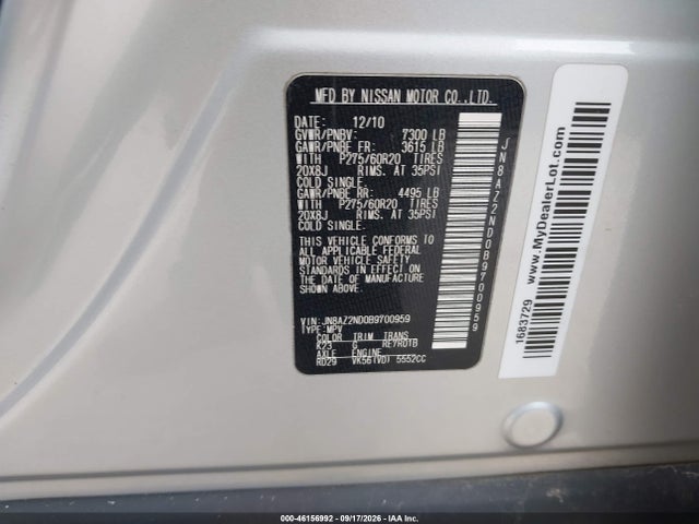 Aukcja sprzedaży 2011 Infiniti Qx56, vin: JN8AZ2ND0B9700959, numer aukcji: 46156992