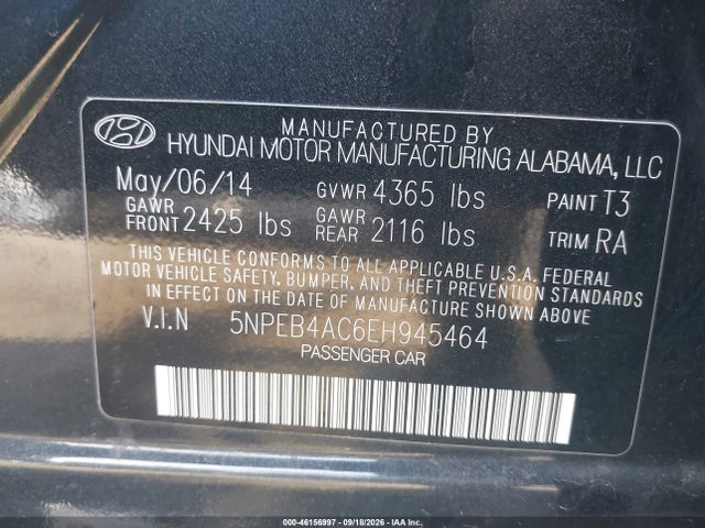 Продажа на аукционе авто 2014 Hyundai Sonata Gls, vin: 5NPEB4AC6EH945464, номер лота: 46156997