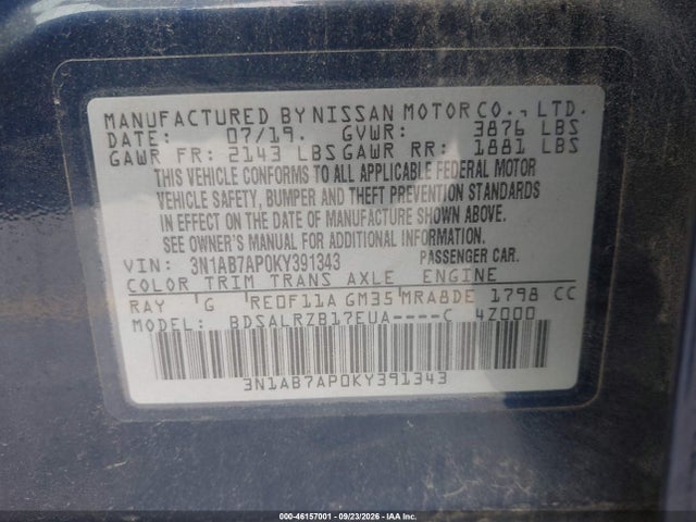 Aukcja sprzedaży 2019 Nissan Sentra Sr, vin: 3N1AB7AP0KY391343, numer aukcji: 46157001