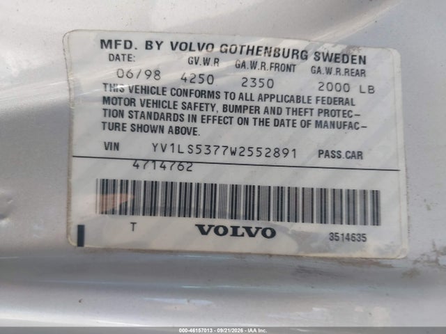 Aukcja sprzedaży 1998 Volvo S70 T5, vin: YV1LS5377W2552891, numer aukcji: 46157013