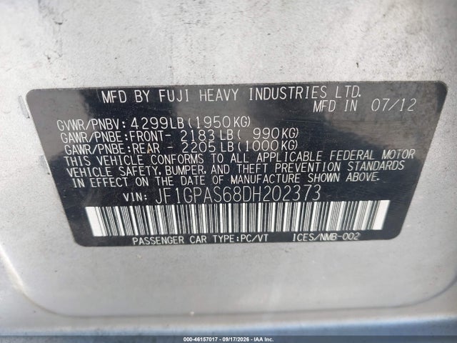 Aukcja sprzedaży 2013 Subaru Impreza 2.0i Sport Limited, vin: JF1GPAS68DH202373, numer aukcji: 46157017