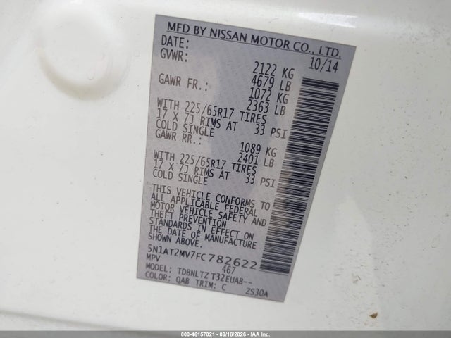 46157021 :رقم المزاد ، 5N1AT2MV7FC782622 vin ، 2015 Nissan Rogue Sv مزاد بيع
