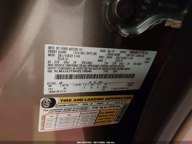 Продаж на аукціоні авто 2019 Lincoln Navigator Select, vin: 5LMJJ2JT8KEL19540, номер лоту: 46157032