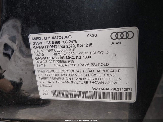 Aukcja sprzedaży 2020 Audi Q5 Premium 45 Tfsi Quattro S Tronic, vin: WA1ANAFY9L2112971, numer aukcji: 46157040