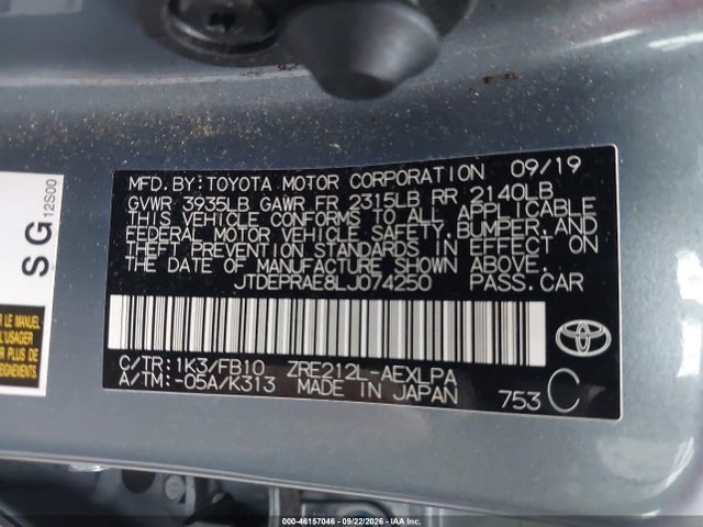 Aukcja sprzedaży 2020 Toyota Corolla Le, vin: JTDEPRAE8LJ074250, numer aukcji: 46157046