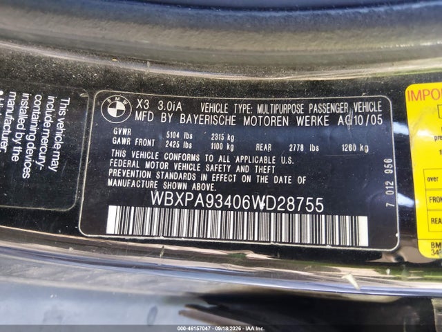 Aukcja sprzedaży 2006 Bmw X3 3.0i, vin: WBXPA93406WD28755, numer aukcji: 46157047