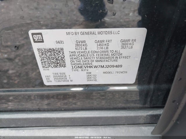 Aukcja sprzedaży 2021 Chevrolet Traverse Lt Leather, vin: 1GNEVHKW7MJ209489, numer aukcji: 46157055