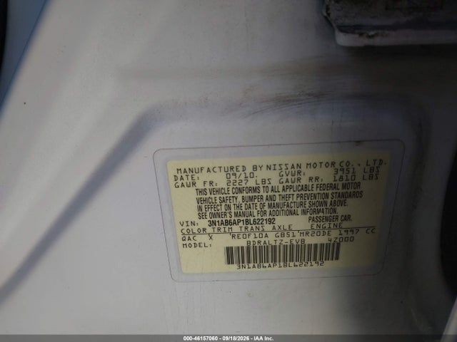Aukcja sprzedaży 2011 Nissan Sentra 2.0s, vin: 3N1AB6AP1BL622192, numer aukcji: 46157060