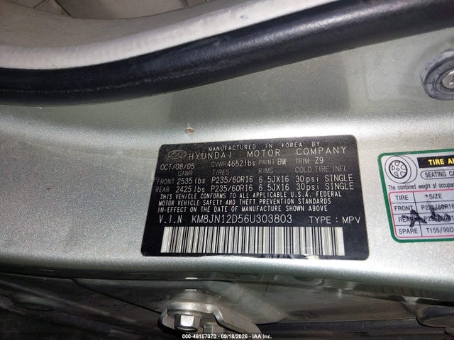 46157070 :رقم المزاد ، KM8JN12D56U303803 vin ، 2006 Hyundai Tucson Gls/limited مزاد بيع