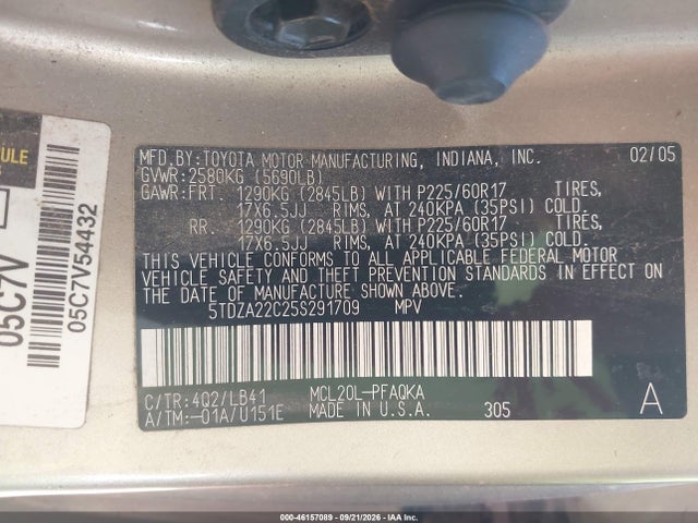 Продажа на аукционе авто 2005 Toyota Sienna Xle, vin: 5TDZA22C25S291709, номер лота: 46157089