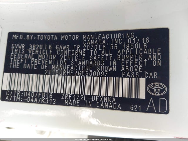 Продажа на аукционе авто 2016 Toyota Corolla Le, vin: 2T1BURHE2GC600097, номер лота: 46157096