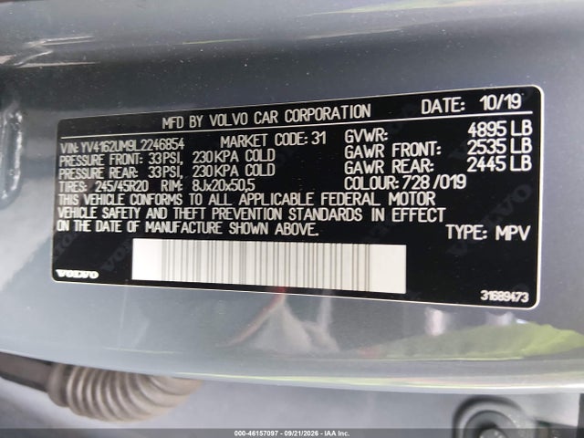 46157097 :رقم المزاد ، YV4162UM9L2246854 vin ، 2020 Volvo Xc40 T5 R-design مزاد بيع