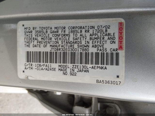 Aukcja sprzedaży 2003 Toyota Corolla Le, vin: JTDBR32E030017880, numer aukcji: 46157104