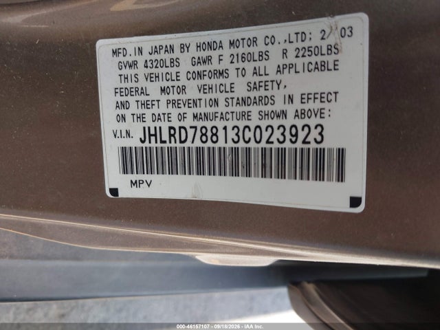 46157107 :رقم المزاد ، JHLRD78813C023923 vin ، 2003 Honda Cr-v Ex مزاد بيع