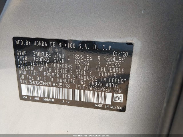 46157128 :رقم المزاد ، 3HGGK5H47LM705118 vin ، 2020 Honda Fit Lx مزاد بيع