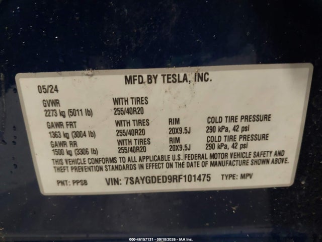 7SAYGDED9RF101475 Tesla Model Y Long Range Single Motor Rear-wheel Drive/rwd